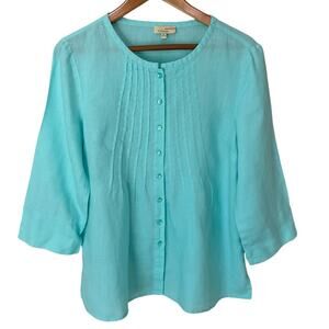 CHOICES Top Blouse Womens M Aqua 100% Linen Preppy Coastal Beachy Resort Wear